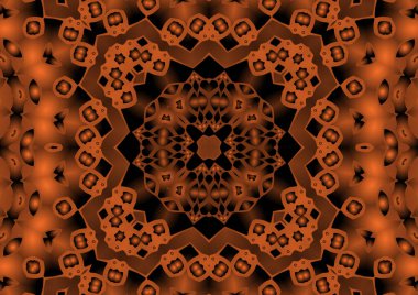 Dijital illüstrasyon, geometrik soyut renkli kaleydoskop simetrik desen ve gradyan etkisi. Klasik güzel dekoratif turuncu arka plan