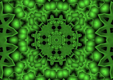 Dijital illüstrasyon, geometrik soyut renkli kaleydoskop simetrik desen ve gradyan etkisi. Klasik güzel dekoratif yeşil arkaplan