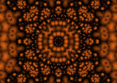 Dijital illüstrasyon, geometrik soyut renkli kaleydoskop simetrik desen ve gradyan etkisi. Klasik güzel dekoratif turuncu arka plan