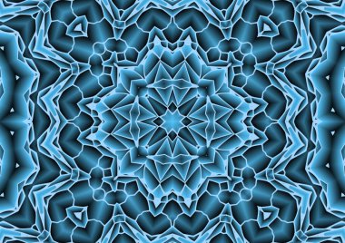 Dijital illüstrasyon, geometrik soyut renkli kaleydoskop simetrik desen ve gradyan etkisi. Klasik güzel dekoratif mavi arkaplan