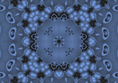 Dijital illüstrasyon, geometrik soyut renkli kaleydoskop simetrik desen ve gradyan etkisi. Klasik güzel dekoratif mavi arkaplan