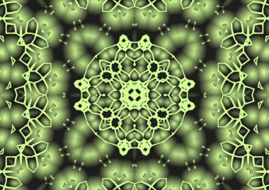 Dijital illüstrasyon, geometrik soyut renkli kaleydoskop simetrik desen ve gradyan etkisi. Klasik güzel dekoratif sarı arkaplan