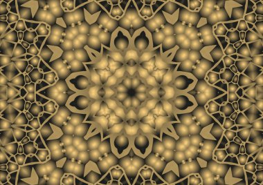 Dijital illüstrasyon, geometrik soyut renkli kaleydoskop simetrik desen ve gradyan etkisi. Klasik güzel dekoratif sarı arkaplan