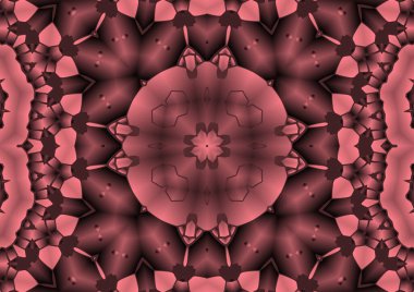 Dijital illüstrasyon, geometrik soyut renkli kaleydoskop simetrik desen ve gradyan etkisi. Klasik güzel dekoratif pembe arkaplan