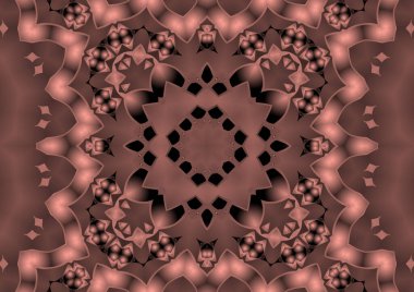 Dijital illüstrasyon, geometrik soyut renkli kaleydoskop simetrik desen ve gradyan etkisi. Klasik güzel dekoratif pembe arkaplan