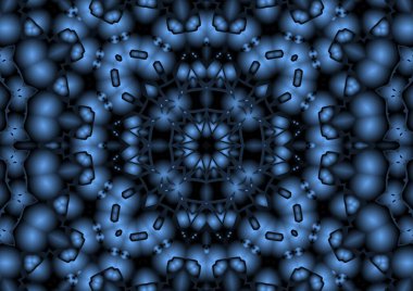 Dijital illüstrasyon, geometrik soyut renkli kaleydoskop simetrik desen ve gradyan etkisi. Klasik güzel dekoratif mavi arkaplan