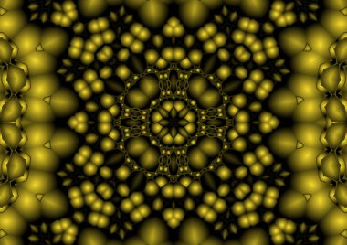 Dijital illüstrasyon, geometrik soyut renkli kaleydoskop simetrik desen ve gradyan etkisi. Klasik güzel dekoratif sarı arkaplan