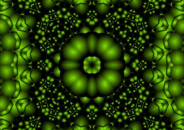 Dijital illüstrasyon, geometrik soyut renkli kaleydoskop simetrik desen ve gradyan etkisi. Klasik güzel dekoratif yeşil arkaplan
