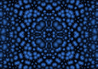 Dijital illüstrasyon, geometrik soyut renkli kaleydoskop simetrik desen ve gradyan etkisi. Klasik güzel dekoratif mavi arkaplan