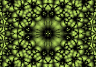 Dijital illüstrasyon, geometrik soyut renkli kaleydoskop simetrik desen ve gradyan etkisi. Klasik güzel dekoratif sarı arkaplan