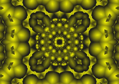 Dijital illüstrasyon, geometrik soyut renkli kaleydoskop simetrik desen ve gradyan etkisi. Klasik güzel dekoratif sarı arkaplan