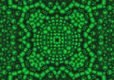 Dijital illüstrasyon, geometrik soyut renkli kaleydoskop simetrik desen ve gradyan etkisi. Klasik güzel dekoratif yeşil arkaplan