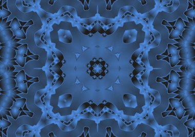 Dijital illüstrasyon, geometrik soyut renkli kaleydoskop simetrik desen ve gradyan etkisi. Klasik güzel dekoratif mavi arkaplan