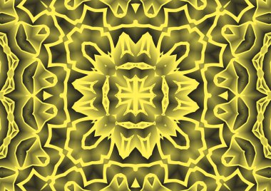 Dijital illüstrasyon, geometrik soyut renkli kaleydoskop simetrik desen ve gradyan etkisi. Klasik güzel dekoratif sarı arkaplan