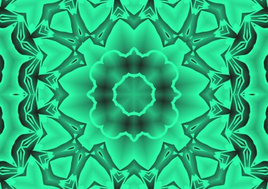 Dijital illüstrasyon, geometrik soyut renkli kaleydoskop simetrik desen ve gradyan etkisi. Klasik güzel dekoratif yeşil arkaplan