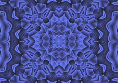 Dijital illüstrasyon, geometrik soyut renkli kaleydoskop simetrik desen ve gradyan etkisi. Klasik güzel dekoratif mavi arkaplan