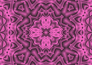 Dijital illüstrasyon, geometrik soyut renkli kaleydoskop simetrik desen ve gradyan etkisi. Klasik güzel dekoratif pembe arkaplan