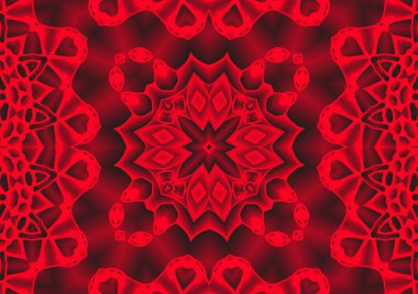 Dijital illüstrasyon, geometrik soyut renkli kaleydoskop simetrik desen ve gradyan etkisi. Klasik güzel dekoratif kırmızı arkaplan