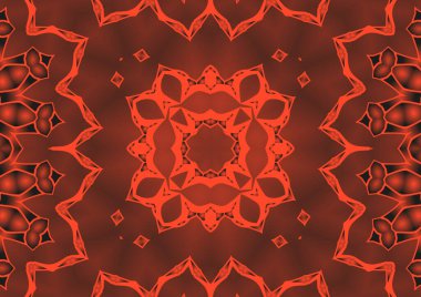 Dijital illüstrasyon, geometrik soyut renkli kaleydoskop simetrik desen ve gradyan etkisi. Klasik güzel dekoratif kırmızı arkaplan