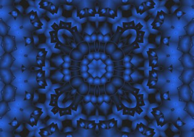 Dijital illüstrasyon, geometrik soyut renkli kaleydoskop simetrik desen ve gradyan etkisi. Klasik güzel dekoratif mavi arkaplan