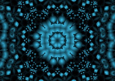 Dijital illüstrasyon, geometrik soyut renkli kaleydoskop simetrik desen ve gradyan etkisi. Klasik güzel dekoratif mavi arkaplan