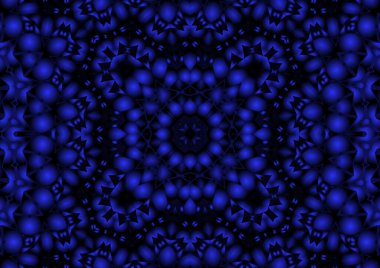 Dijital illüstrasyon, geometrik soyut renkli kaleydoskop simetrik desen ve gradyan etkisi. Klasik güzel dekoratif mavi arkaplan