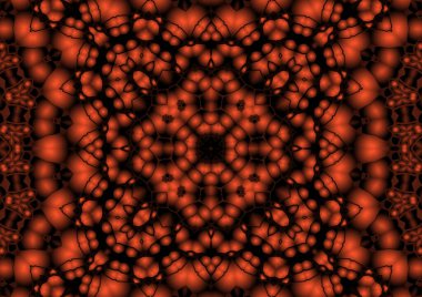 Dijital illüstrasyon, geometrik soyut renkli kaleydoskop simetrik desen ve gradyan etkisi. Klasik güzel dekoratif kırmızı arkaplan