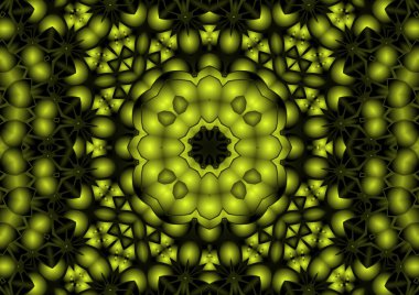 Dijital illüstrasyon, geometrik soyut renkli kaleydoskop simetrik desen ve gradyan etkisi. Klasik güzel dekoratif sarı arkaplan