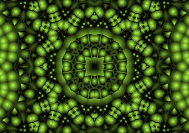 Dijital illüstrasyon, geometrik soyut renkli kaleydoskop simetrik desen ve gradyan etkisi. Klasik güzel dekoratif yeşil arkaplan