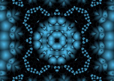Dijital illüstrasyon, geometrik soyut renkli kaleydoskop simetrik desen ve gradyan etkisi. Klasik güzel dekoratif mavi arkaplan