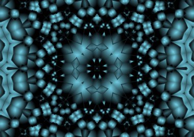 Dijital illüstrasyon, geometrik soyut renkli kaleydoskop simetrik desen ve gradyan etkisi. Klasik güzel dekoratif mavi arkaplan
