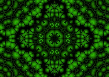 Dijital illüstrasyon, geometrik soyut renkli kaleydoskop simetrik desen ve gradyan etkisi. Klasik güzel dekoratif yeşil arkaplan