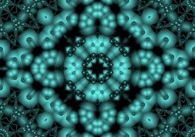 Dijital illüstrasyon, geometrik soyut renkli kaleydoskop simetrik desen ve gradyan etkisi. Klasik güzel dekoratif mavi arkaplan