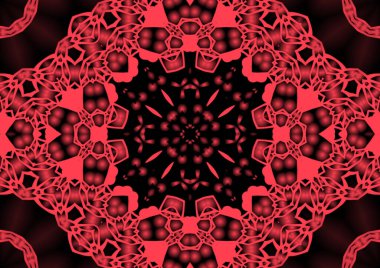 Dijital illüstrasyon, geometrik soyut renkli kaleydoskop simetrik desen ve gradyan etkisi. Klasik güzel dekoratif kırmızı arkaplan