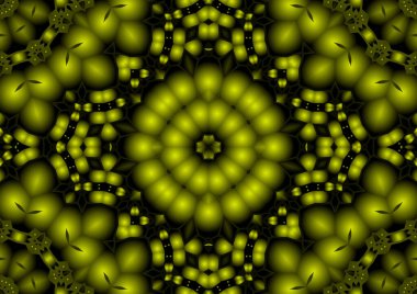 Dijital illüstrasyon, geometrik soyut renkli kaleydoskop simetrik desen ve gradyan etkisi. Klasik güzel dekoratif sarı arkaplan