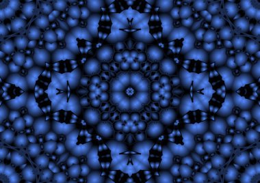 Dijital illüstrasyon, geometrik soyut renkli kaleydoskop simetrik desen ve gradyan etkisi. Klasik güzel dekoratif mavi arkaplan