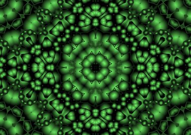 Dijital illüstrasyon, geometrik soyut renkli kaleydoskop simetrik desen ve gradyan etkisi. Klasik güzel dekoratif yeşil arkaplan