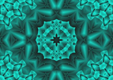 Dijital illüstrasyon, geometrik soyut renkli kaleydoskop simetrik desen ve gradyan etkisi. Klasik güzel dekoratif mavi arkaplan
