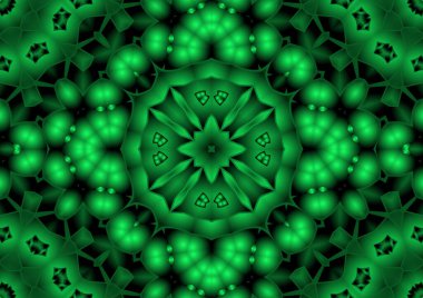 Dijital illüstrasyon, geometrik soyut renkli kaleydoskop simetrik desen ve gradyan etkisi. Klasik güzel dekoratif yeşil arkaplan