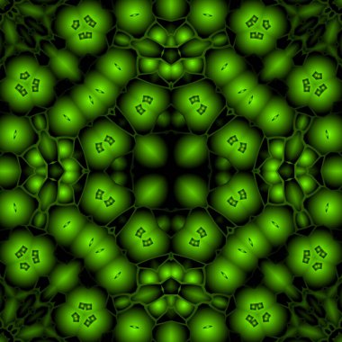 Dijital illüstrasyon, geometrik soyut renkli kaleydoskop simetrik desen ve gradyan etkisi. Klasik güzel dekoratif yeşil arkaplan