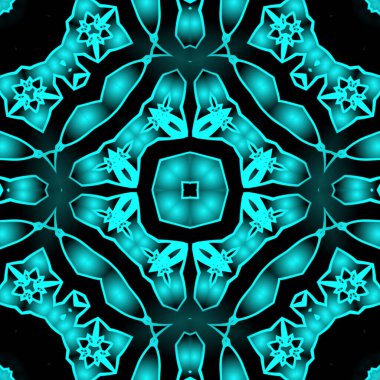 Dijital illüstrasyon, geometrik soyut renkli kaleydoskop simetrik desen ve gradyan etkisi. Klasik güzel dekoratif mavi arkaplan