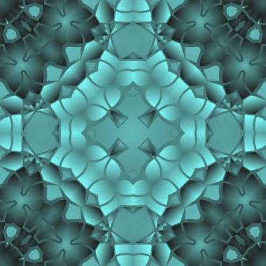 Dijital illüstrasyon, geometrik soyut renkli kaleydoskop simetrik desen ve gradyan etkisi. Klasik güzel dekoratif mavi arkaplan