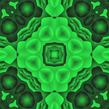 Dijital illüstrasyon, geometrik soyut renkli kaleydoskop simetrik desen ve gradyan etkisi. Klasik güzel dekoratif yeşil arkaplan