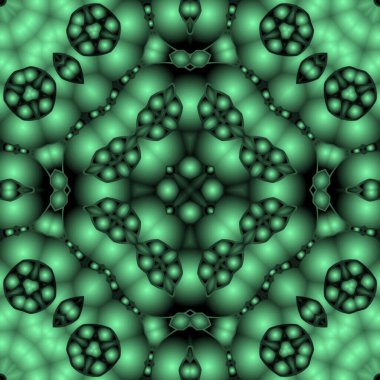 Dijital illüstrasyon, geometrik soyut renkli kaleydoskop simetrik desen ve gradyan etkisi. Klasik güzel dekoratif yeşil arkaplan