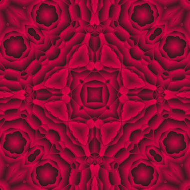 Dijital illüstrasyon, geometrik soyut renkli kaleydoskop simetrik desen ve gradyan etkisi. Klasik güzel dekoratif kırmızı arkaplan