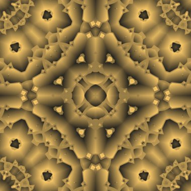 Dijital illüstrasyon, geometrik soyut renkli kaleydoskop simetrik desen ve gradyan etkisi. Klasik güzel dekoratif sarı arkaplan