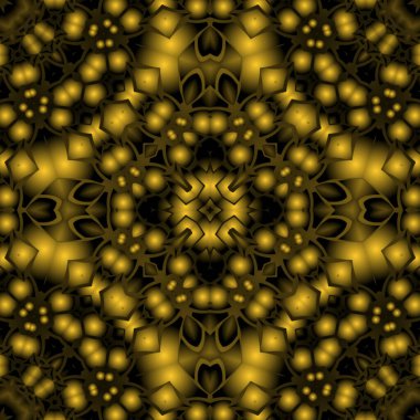 Dijital illüstrasyon, geometrik soyut renkli kaleydoskop simetrik desen ve gradyan etkisi. Klasik güzel dekoratif sarı arkaplan