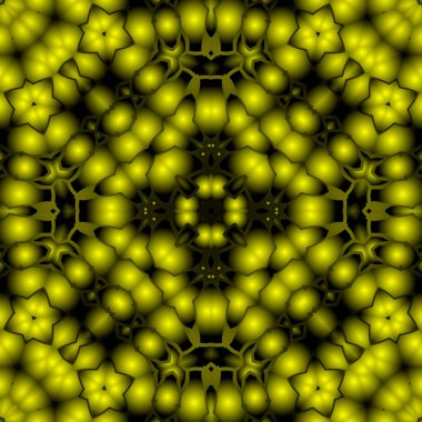 Dijital illüstrasyon, geometrik soyut renkli kaleydoskop simetrik desen ve gradyan etkisi. Klasik güzel dekoratif sarı arkaplan