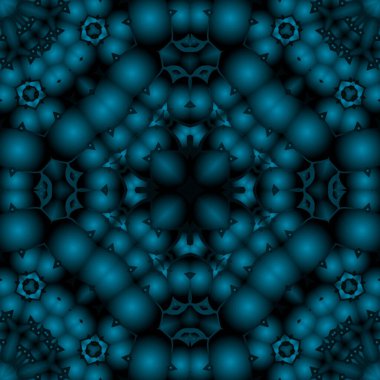 Dijital illüstrasyon, geometrik soyut renkli kaleydoskop simetrik desen ve gradyan etkisi. Klasik güzel dekoratif mavi arkaplan