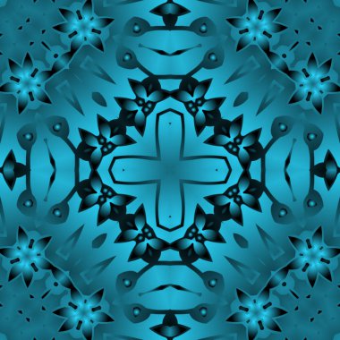 Dijital illüstrasyon, geometrik soyut renkli kaleydoskop simetrik desen ve gradyan etkisi. Klasik güzel dekoratif mavi arkaplan